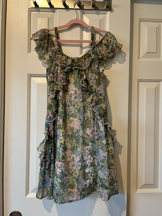 abercrombie kids Other - Abercrombie Kids Olive Green Floral Ruffle Dress with Pink & Blue Accents